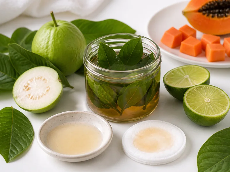 Guava leaves steeping in a glass jar alongside lime halves and a cotton pad with toner on a clean white surface.
