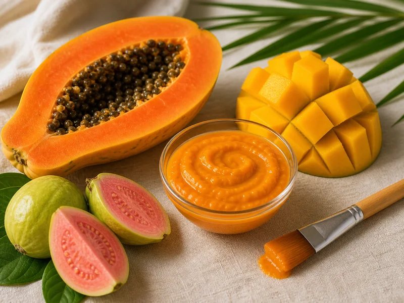 Sliced papaya and mango arranged with a small glass bowl of bright orange face mask and a wooden application brush.