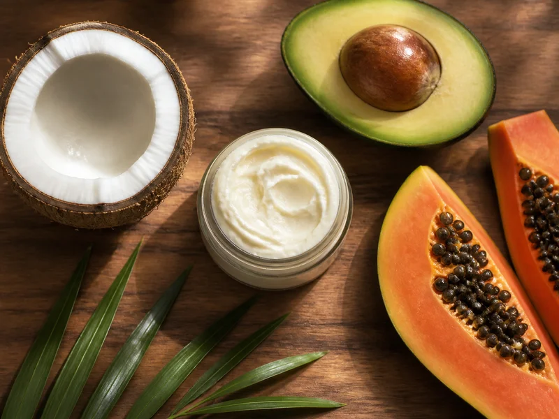 A tropical flat lay of halved avocado, coconut, and papaya on a wooden board with a small jar of homemade body butter.
