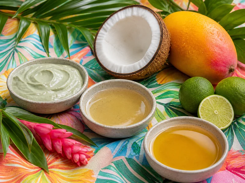 A colorful arrangement of mango, lime, and coconut with small bowls of face mask, toner, and body oil on a tropical-print cloth.
