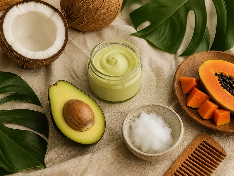 A halved avocado and a small mason jar of hair mask beside a wooden comb and tropical leaves on a linen cloth.