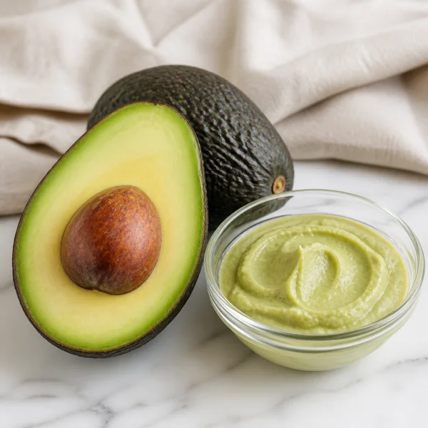 Fresh avocado cut in half with pit, used in nourishing natural skincare