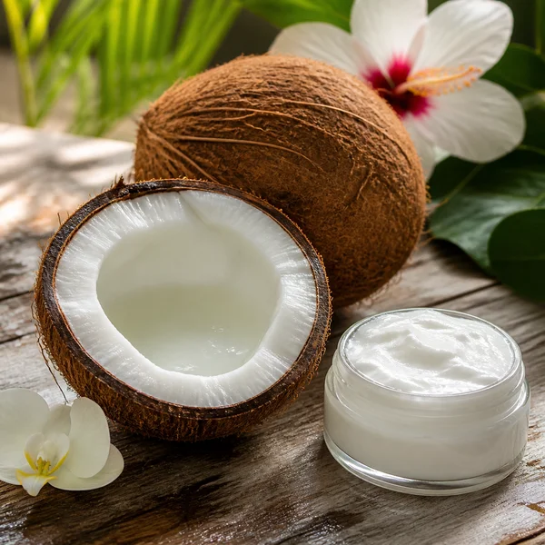 Fresh coconut halved showing white flesh, used in natural moisturizing skincare