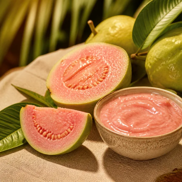 Fresh guava cut open showing pink flesh and seeds, used in vitamin C-rich skincare