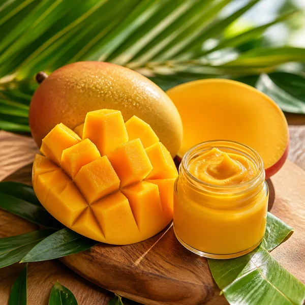 Ripe mango sliced on a wooden board, used in brightening natural skincare