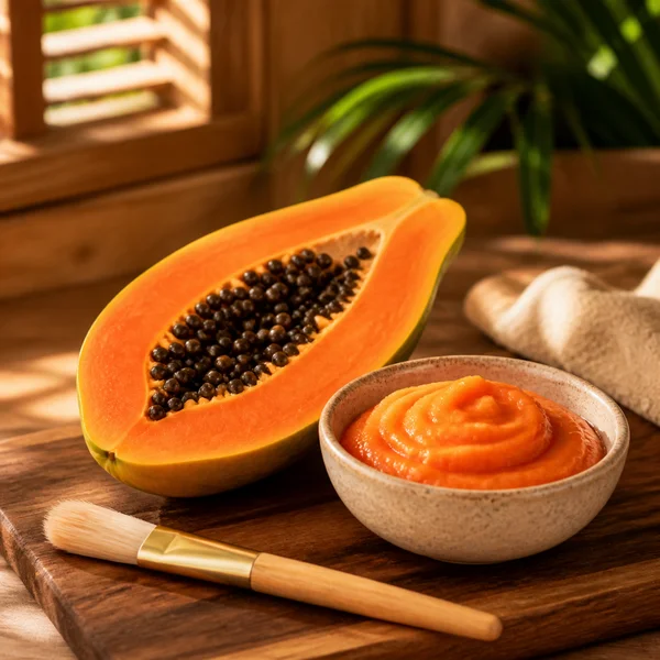 Fresh ripe papaya cut in half showing seeds, used in natural skincare