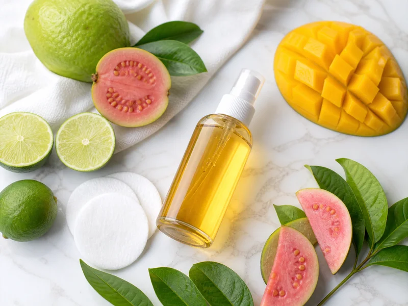 Fresh limes, guava slices, and a glass spray bottle of homemade guava leaf toner on a white marble surface.